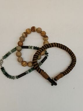 Beaded Bracelet Set Natural Stone Wood Stretch Stack Boho Layered 3 Piece